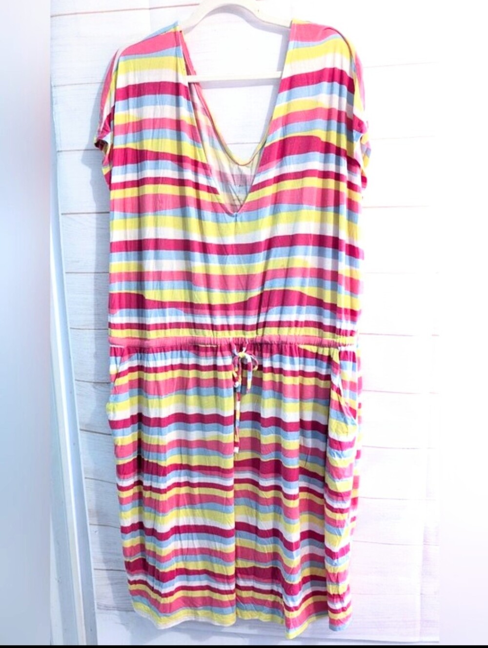 Torrid Pastel Striped V-Neck Dress - Pink, Yellow, Blue, Plus Size 4X